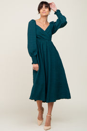 Forest Green Wrap Smocked Accent Long Sleeve Dress