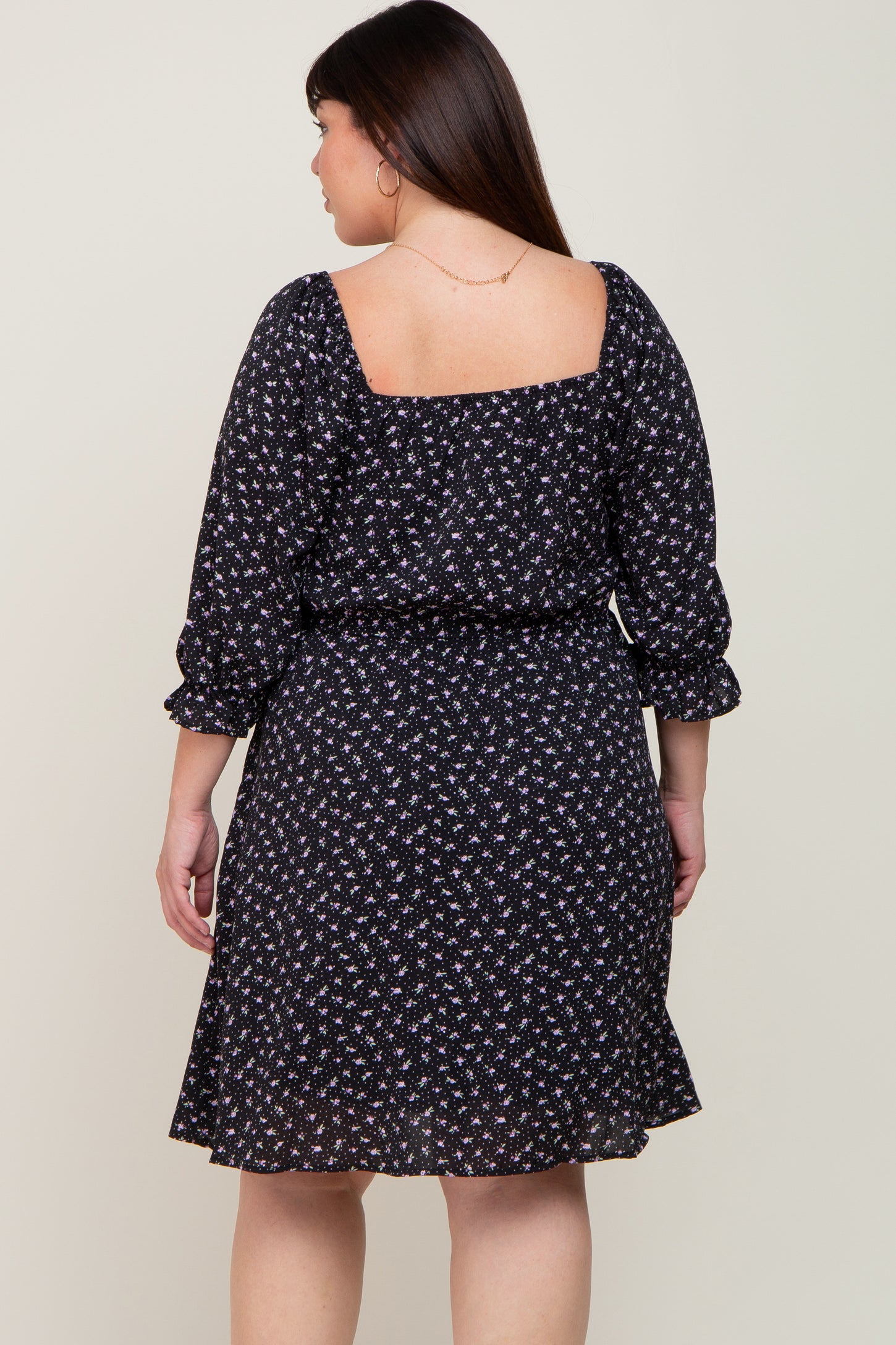 Black Floral Square Neck Plus Dress
