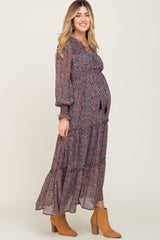 Black Floral Smocked Tiered Maternity Maxi Dress