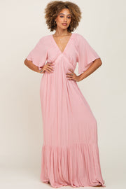 Light Pink V-Neck Flounce Sleeve Maxi Dress