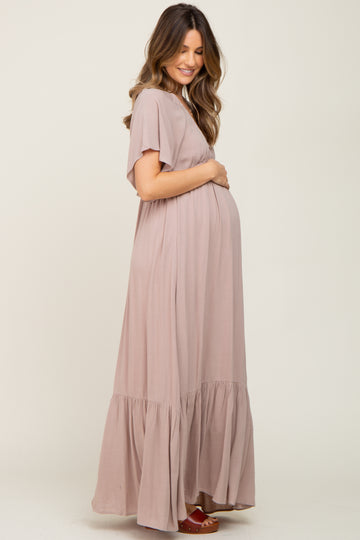 Taupe V-Neck Flounce Sleeve Maternity Maxi Dress