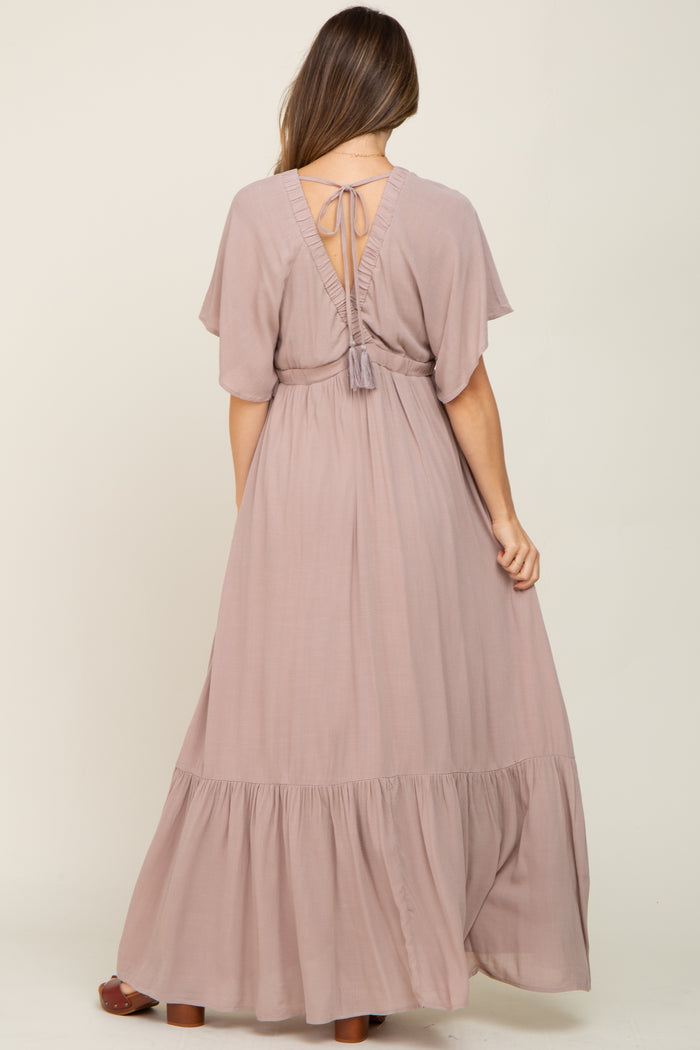 Taupe V-Neck Flounce Sleeve Maternity Maxi Dress