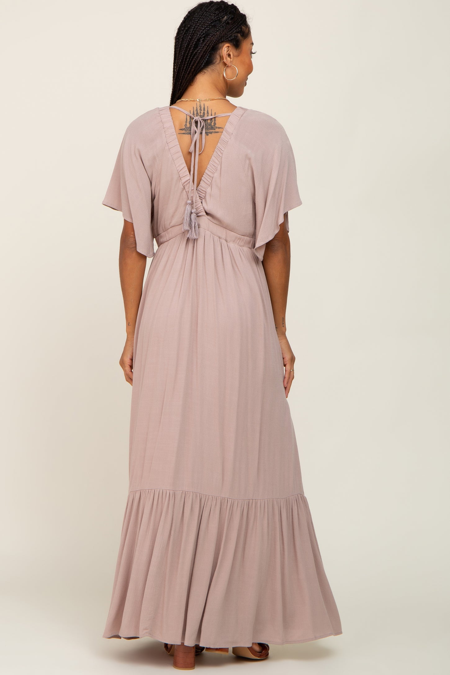 Taupe V-Neck Flounce Sleeve Maxi Dress