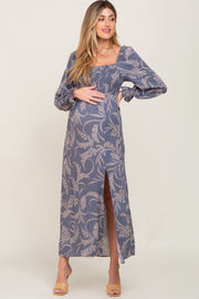 Blue Leaf Print Smocked Maternity Maxi Dress