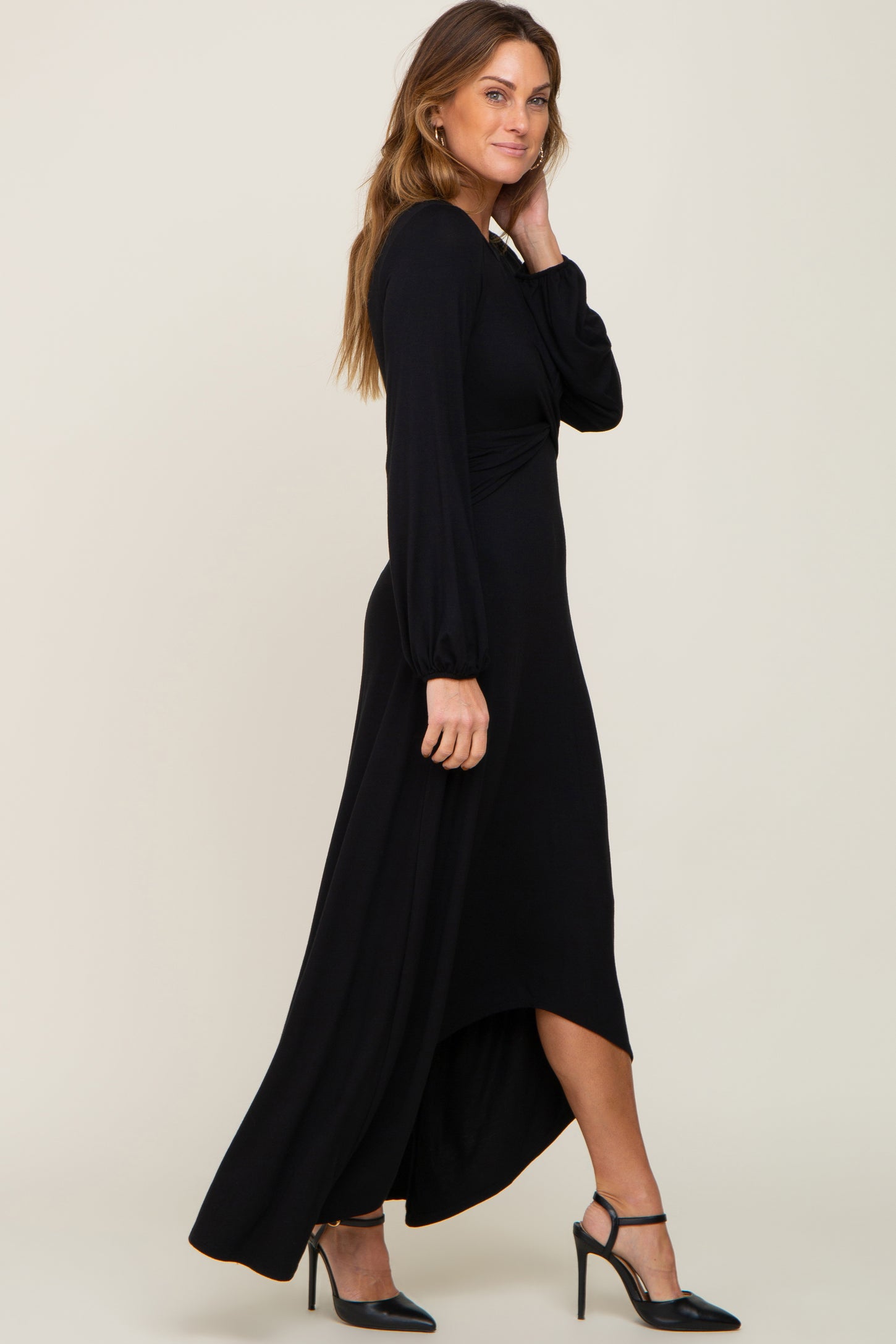 Black Twisted Long Sleeve Hi-Low Hem Maxi Dress