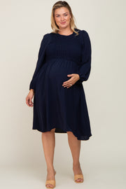 Navy Smocked Long Sleeve Maternity Plus Midi Dress