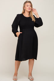 Black Smocked Long Sleeve Maternity Plus Midi Dress