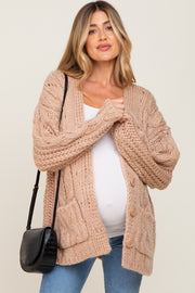 Taupe Open Knit Button Front Maternity Cardigan