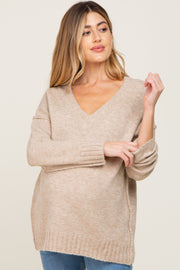 Taupe V-Neck Brushed Knit Maternity Sweater