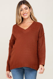 Rust V-Neck Brushed Knit Maternity Sweater