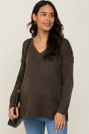 Olive V-Neck Brushed Knit Maternity Sweater