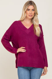 Magenta V-Neck Brushed Knit Sweater