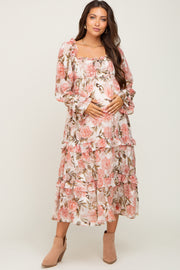 Cream Floral Ruffle Tiered Maternity Midi Dress