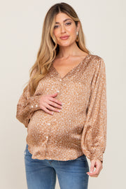 Camel Abstract Print Button Down Satin Maternity Top
