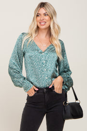 Green Abstract Print Button Down Satin Top