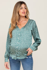 Green Abstract Print Button Down Satin Maternity Top