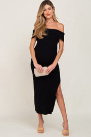 Black Ribbed Off Shoulder Maternity Midi Dress