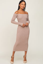 Taupe Ribbed Off Shoulder Long Sleeve Midi Dress
