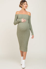 Sage Ribbed Off Shoulder Long Sleeve Maternity Midi Dress
