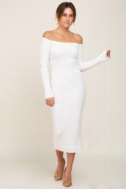 White Ribbed Off Shoulder Long Sleeve Midi Dress