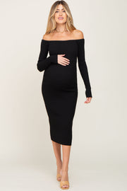 Black Ribbed Off Shoulder Long Sleeve Maternity Midi Dress
