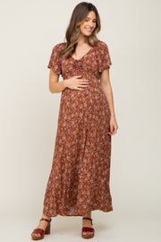 Rust Floral Cinched Maternity Midi Dress