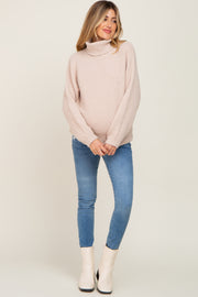 Beige Ribbed Turtleneck Cropped Maternity Sweater