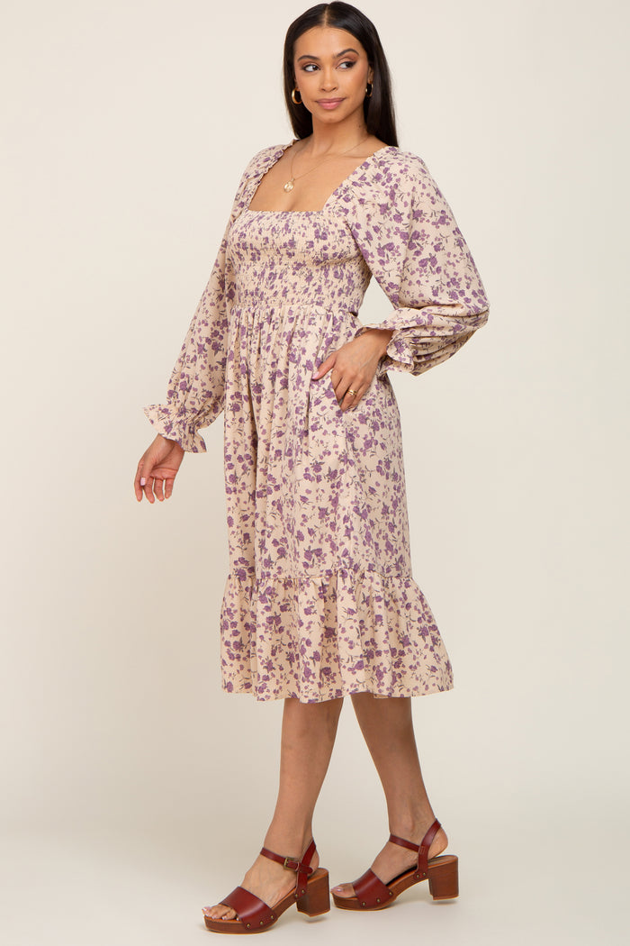 Taupe Floral Smocked Long Sleeve Midi Dress