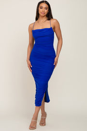 Royal Blue Mesh Ruched Side Slit Midi Dress