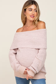 Beige Foldover Off Shoulder Maternity Sweater