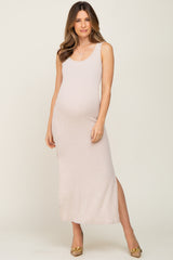 Beige Soft Knit Sleeveless Maternity Maxi Dress