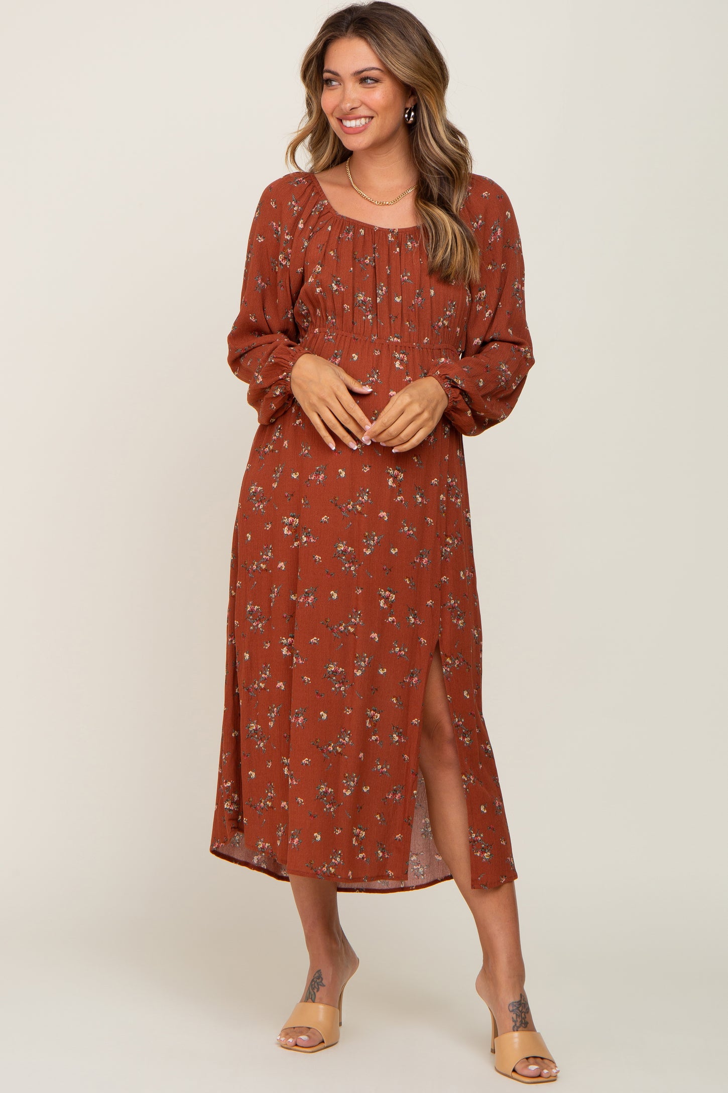 Rust Floral Long Sleeve Slit Maternity Dress