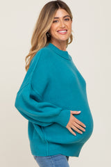 Turquoise Ribbed Knit Long Sleeve Maternity Sweater
