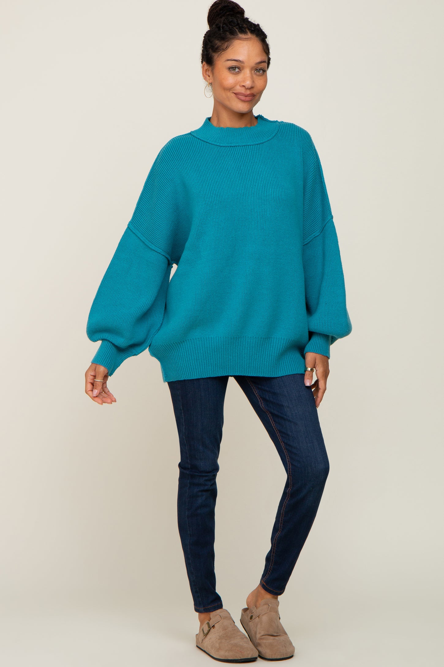 Turquoise Ribbed Knit Long Sleeve Sweater