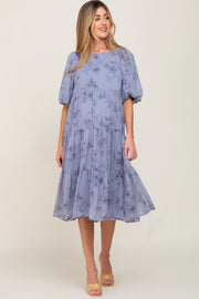Blue Floral Puff Sleeve Tiered Maternity Midi Dress