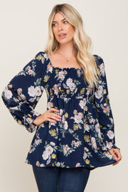 Navy Floral Smocked Long Sleeve Blouse