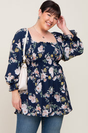 Navy Floral Smocked Long Sleeve Plus Blouse