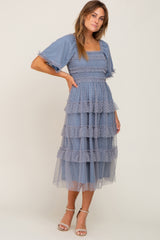 Blue Dot Smocked Ruffle Tiered Maternity Midi Dress