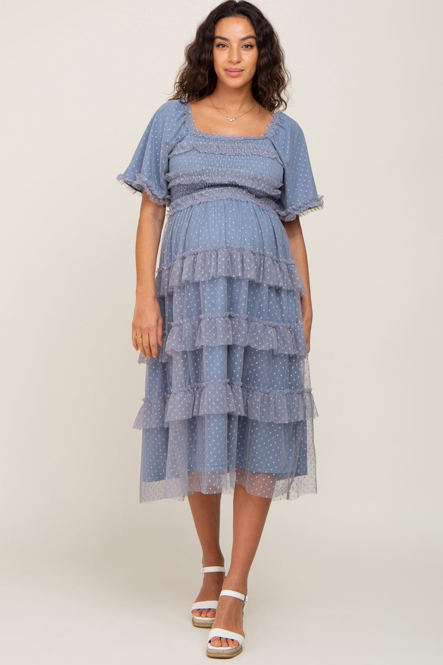 Blue Dot Smocked Ruffle Tiered Maternity Midi Dress