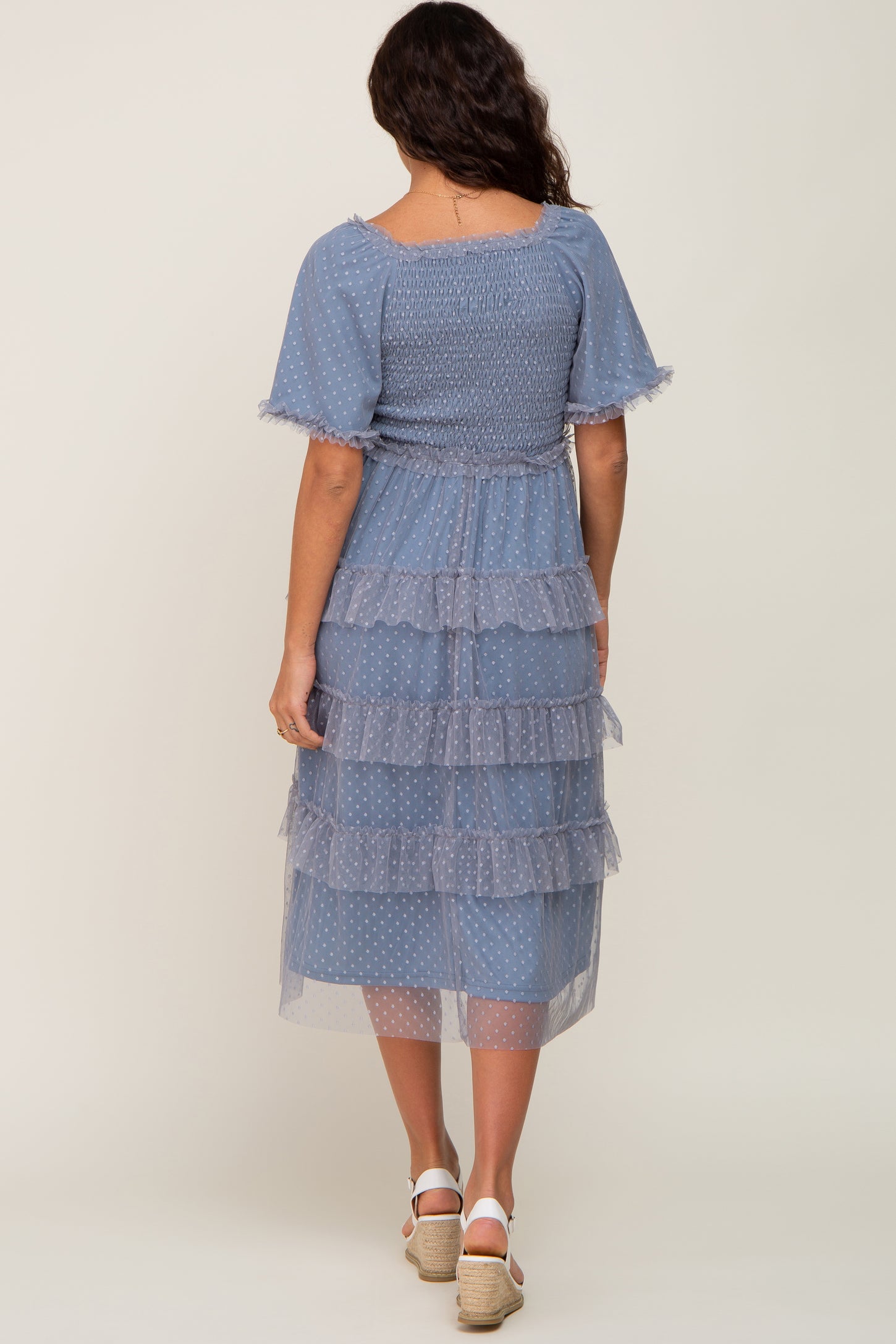 Blue Dot Smocked Ruffle Tiered Maternity Midi Dress