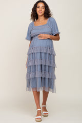 Blue Dot Smocked Ruffle Tiered Maternity Midi Dress