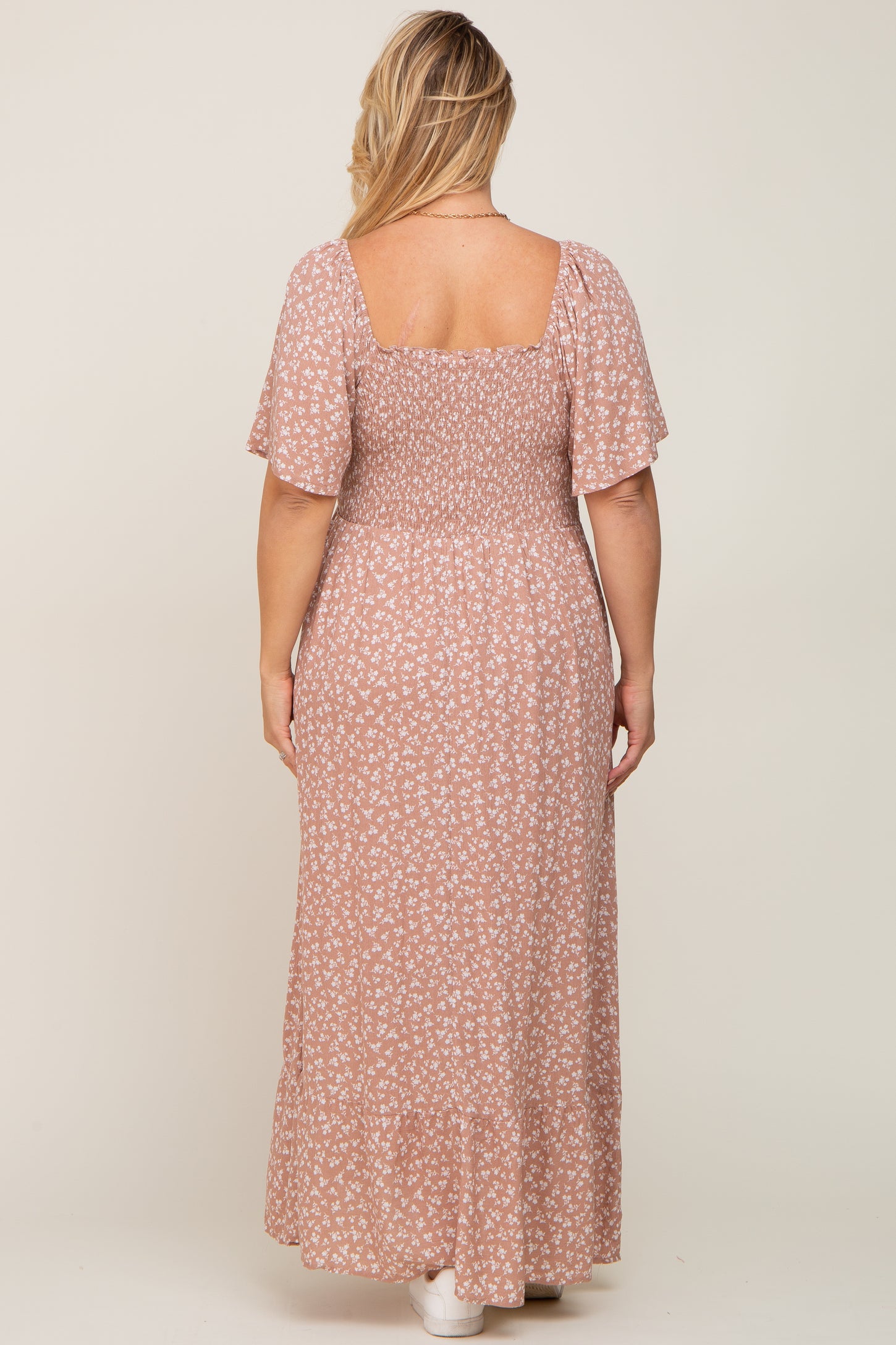 Taupe Floral Smocked Flounce Sleeve Maternity Plus Maxi Dress