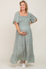 Mint Green Floral Smocked Flounce Sleeve Maternity Plus Maxi Dress