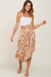 Camel Leaf Print Midi Skirt