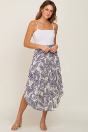 Blue Leaf Print Midi Skirt