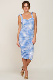 Blue Gingham Print Ruched Shoulder Tie Dress