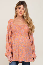 Peach Floral Smocked Square Neck Maternity Top