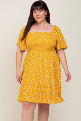 Yellow Floral Smocked Square Neck Ruffle Hem Plus Dress