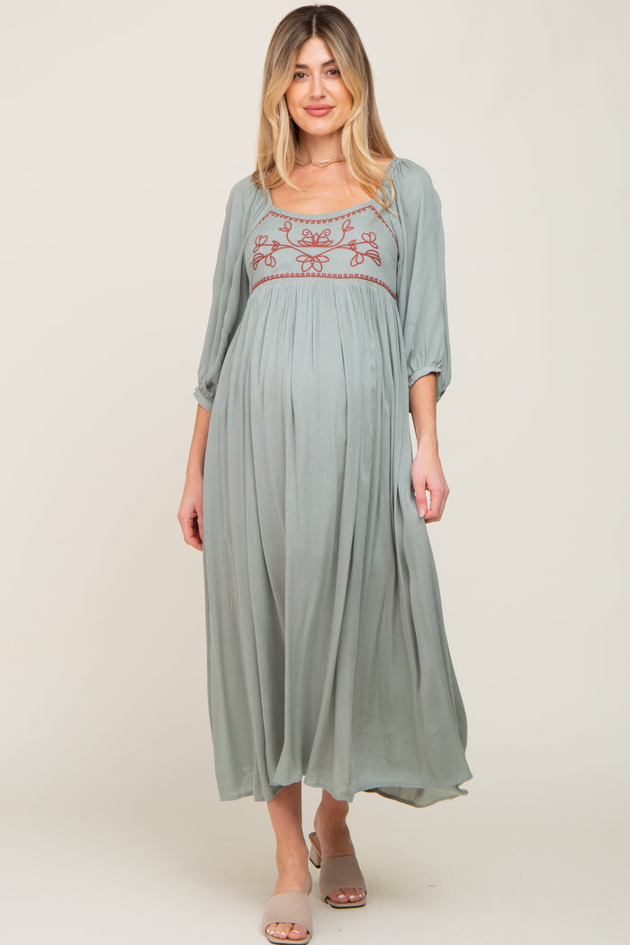 Mint Embroidered 3/4 Sleeve Maternity Maxi Dress
