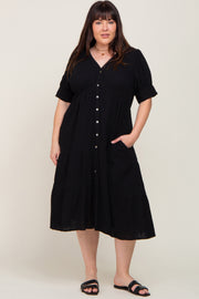 Black Button Down Short Sleeve Plus Dress